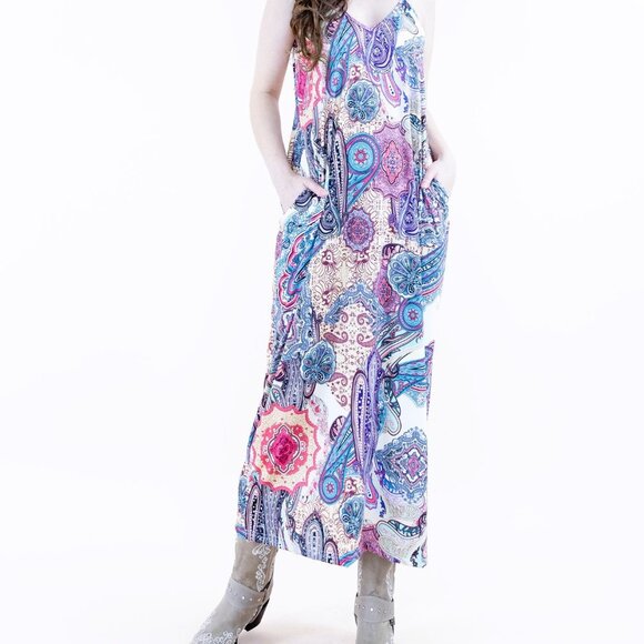 COPY - Women’s Bohemian Paisley print Sleeveless Maxi dress Beige pink NWT - Picture 2 of 6